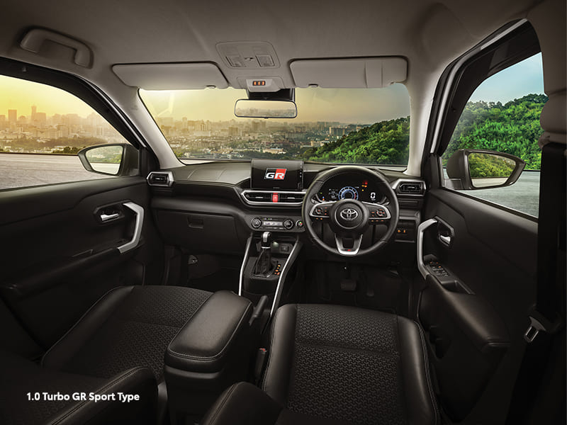 Beyond Interior   Feel more power enjoy more moments.   Highlight Features    New Sporty Interior Design (All 1.0T GR Sport Type) New Exclusive GR Steering Wheel (All 1.0T GR Sport Type) New GR Push Start Button (All 1.0T GR Sport Type) New GR 9" Head Unit (All 1.0T GR Sport Type) New GR Headrest Cover (All 1.0T GR Sport Type) Fabric & Leather Combi Seat (All 1.0T GR Sport Type)